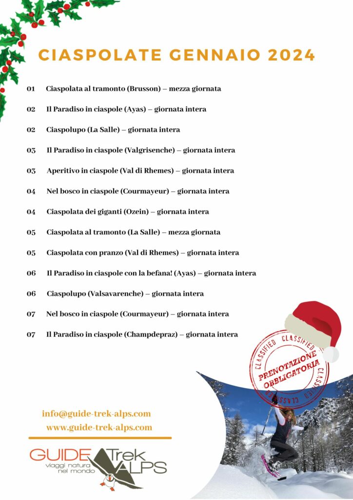 Calendario ciaspolate Guide Trek Alps gennaio 2024
