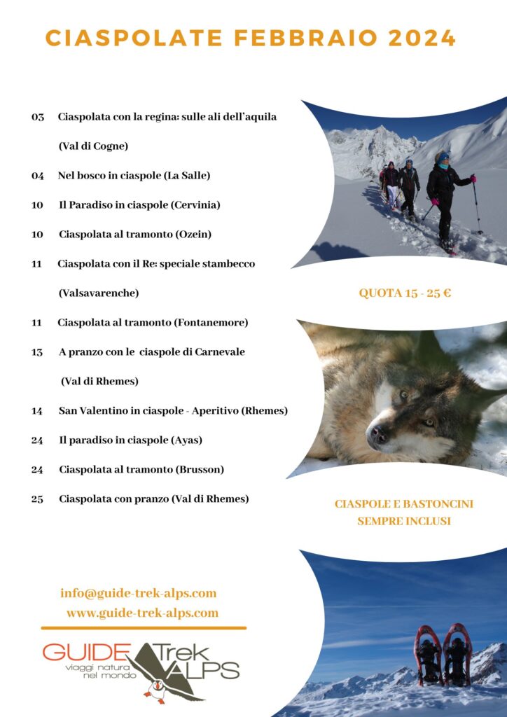 Calendario ciaspolate Guide Trek Alps febbraio 2024